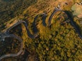 Aerial view of serpentine roads slicing through the rugged terrain of a mountain