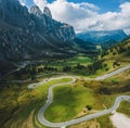 Aerial view of serpentine roud of passo Gardena and Sella group mountains in Dolomites, South Tyrol, Italy, Europe Royalty Free Stock Photo