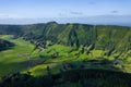 Aerial view of Sete Cidades at Lake Azul on the island Sao Miguel Azores, Portugal. Photo made from above by drone