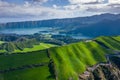 Aerial view of Sete Cidades at Lake Azul on the island Sao Miguel Azores, Portugal. Photo made from above by drone