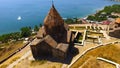 Aerial view of Sevanavank monastery complex, old architecture in Armenia