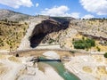 Aerial view of the Severan Bridge, Cendere Koprusu is a late Roman bridge, close to Nemrut Dagi and Adiyaman, Turkey Royalty Free Stock Photo