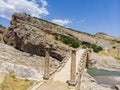 Aerial view of the Severan Bridge, Cendere Koprusu is a late Roman bridge, close to Nemrut Dagi and Adiyaman, Turkey Royalty Free Stock Photo