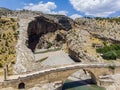 Aerial view of the Severan Bridge, Cendere Koprusu is a late Roman bridge, close to Nemrut Dagi and Adiyaman, Turkey Royalty Free Stock Photo