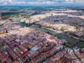 Aerial view Sevilla of city center with embankment of Guadalquivir.