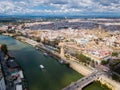 Aerial view Sevilla of city center with embankment of Guadalquivir.