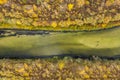 Aerial view of the Seym River at Baturyn in Ukraine. Beautiful autumn river landscape. Top view. Royalty Free Stock Photo