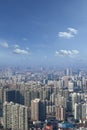 Aerial view of Shanghai cityscape / modern skyscraper city in misty sky background behind pollution haze, in Shanghai, China Royalty Free Stock Photo