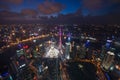 Aerial View of Shanghai Cityscape overlooking the Pudong Financial District at night. Trade zone skyline and Huangpu River. Royalty Free Stock Photo