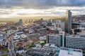 Aerial view of Sheffield city centre skyline at sunset