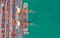 Aerial view ship container at commercial port for international import export or transportation concept background