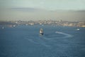 Aerial view of a ship passing by Yavuz Sultan Selim Bridge and Bosphorus