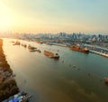 Aerial view of ship port and chaopraya river in bangkok thailand Royalty Free Stock Photo