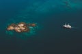 Aerial view ship sailing to island in sea drone scenery turquoise water from above