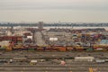 Aerial view of Shipping Containers, the New Jersey Turnpike, Panamax cranes, and the Port of Newark - Elizabeth Marine Terminal ]