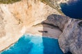 Aerial view of Shipwreck in epic Navagio beach bay on Zakynthos Island, Greece. Summer vacation travel concept Royalty Free Stock Photo