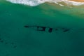 aerial view of a shipwreck at Wategoes Beach in Byron Bay. The Photo was taken out of a Gyrocopter, Byron Bay, Queensland, Royalty Free Stock Photo