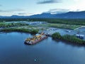 Aerial view of shipyard and heavy machinery on ship