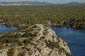 Aerial view shot of walking path on the coast of the canal of St. Ante in Croatia