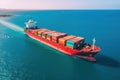 aerial view showcases a container cargo ship in motion, global freight shipping operations