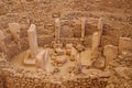 An aerial view showcasing the ancient archaeological site of gobekli tepe with stone monoliths arranged in a circular pattern, Royalty Free Stock Photo