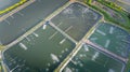 Aerial view of shrimp farm and air purifier in Thailand. Continuous growing aquaculture business is exported to the international