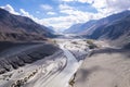 Aerial view of shyok river, part of the silk road, northern of Leh, Ladakh, India. Royalty Free Stock Photo