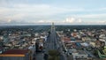 Aerial view of Siak Bridge IV Abdul Jalil Alamuddin Syah Bridge above Siak River Sungai Siak in Pekanbaru top view. Pekanbaru