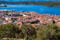 Aerial view of the Sibenik, Croatia. Beautiful old city of Sibenik, town center and adriatic sea Royalty Free Stock Photo