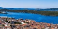 Aerial view of the Sibenik, Croatia. Beautiful old city of Sibenik, town center and adriatic sea Royalty Free Stock Photo