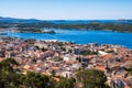 Aerial view of the Sibenik, Croatia. Beautiful old city of Sibenik, town center and adriatic sea Royalty Free Stock Photo