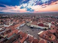 Aerial View of Sibiu at sunset in Transylvania, Rumania