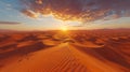 Aerial view of silhouetted camel in photorealistic sunrise over vast sahara desert dunes Royalty Free Stock Photo