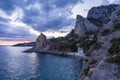 Aerial view of Simeiz village, Cat mountain in evening sunset light, Crimea. Black Sea Royalty Free Stock Photo