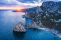 Aerial view of Simeiz village, Diva rock in sunset light. Cat mountain in background, Crimea. Black Sea Royalty Free Stock Photo