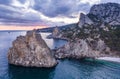 Aerial view of Simeiz village, Diva rock in sunset light. Cat mountain in background, Crimea. Black Sea Royalty Free Stock Photo