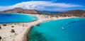 Aerial view of Simos beach in Elafonisos island in Greece. Elafonisos is a small Greek island the Peloponnese with idyllic exotic Royalty Free Stock Photo