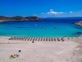 Aerial view of Simos beach in Elafonisos island in Greece. Elafonisos is a small Greek island the Peloponnese with idyllic exotic Royalty Free Stock Photo