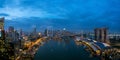 Aerial view of Singapore business district and city at night in Singapore, Asia