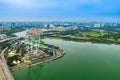 Aerial view of Singapore Flyer ferris wheel and Singapore river Royalty Free Stock Photo