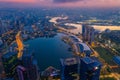 Aerial view of the Singapore landmark financial business district at sunrise scene with skyscraper and beautiful sky. Singapore