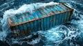 Aerial view of single lost shipping container floating in vibrant blue ocean waters