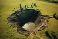 aerial view of a sinkhole forming in a grassy field