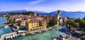 Aerial view of Sirmione village and castle, Garda lake, Italy Royalty Free Stock Photo