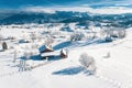 Aerial view of Sirnea Village covered with snow near Christmas in Romania