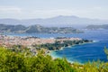 Aerial view of Skiathos old town, Sporades, Greece. Beautiful panoramic landscape of aegean vivid sea and beach from above. Visit Royalty Free Stock Photo