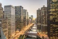 Modern waterfront skyscrapers along Chicago river at sunset Royalty Free Stock Photo