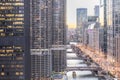 Modern waterfront skyscrapers along Chicago river at sunset Royalty Free Stock Photo