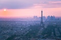 Aerial view of the skyline of Paris with the Eiffel Tower at sunset