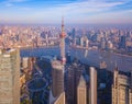 Aerial view of skyscraper and high-rise office buildings in Shanghai Downtown with Huangpu River, China. Financial district and Royalty Free Stock Photo